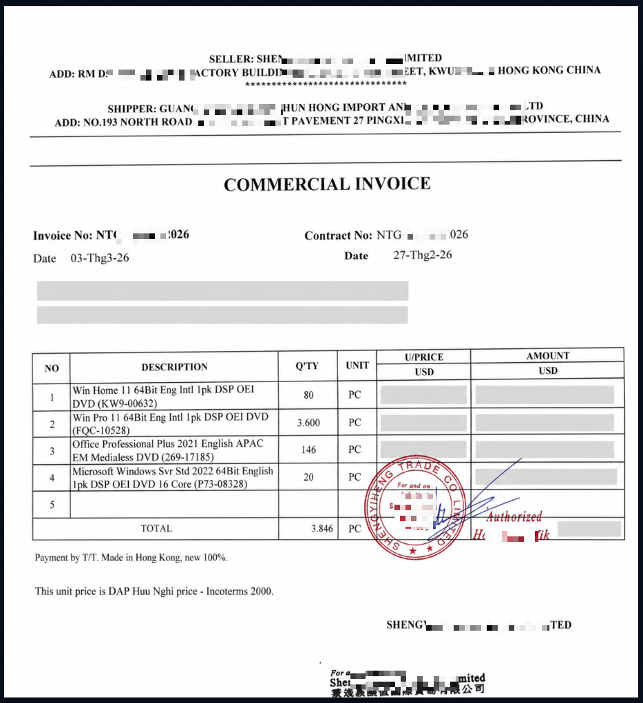 Commercial Invoice lô sản phẩm Microsoft đã che buyer và giá tiền