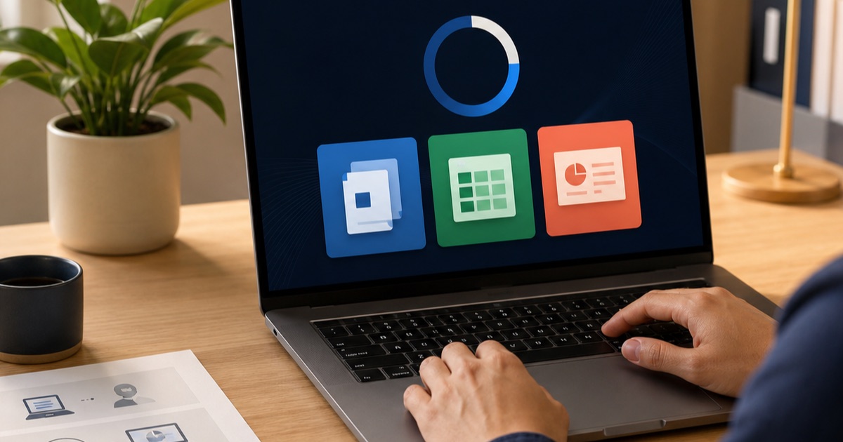 Minh họa cài đặt Office trên laptop với các công cụ năng suất