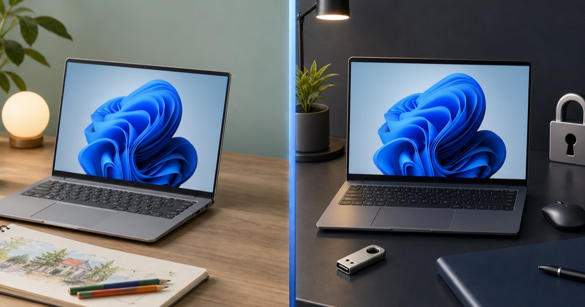 Minh họa so sánh không gian làm việc Windows Home và Windows Pro