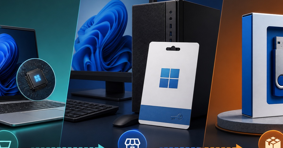Minh họa ba hình thức license Windows GGWA, OEM và FPP