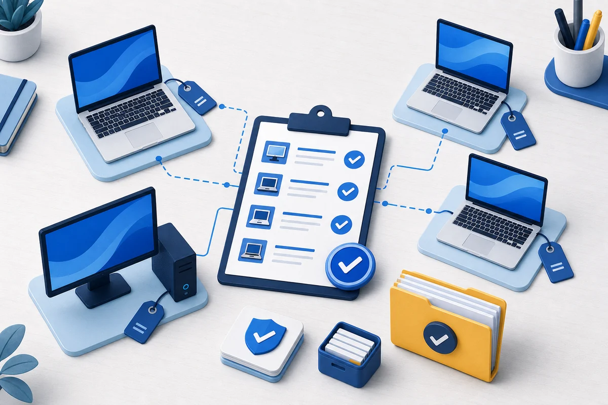Minh họa nhiều máy tính được kết nối với một bảng kiểm kê license và hồ sơ thiết bị