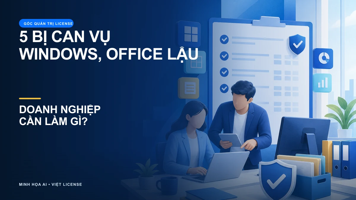 Minh họa AI về doanh nghiệp kiểm kê thiết bị, hồ sơ và trạng thái license phần mềm