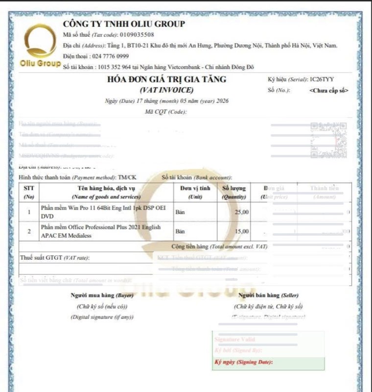 Mẫu hóa đơn VAT đã che thông tin nhạy cảm