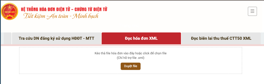 Cổng hóa đơn điện tử - mục Đọc hóa đơn XML