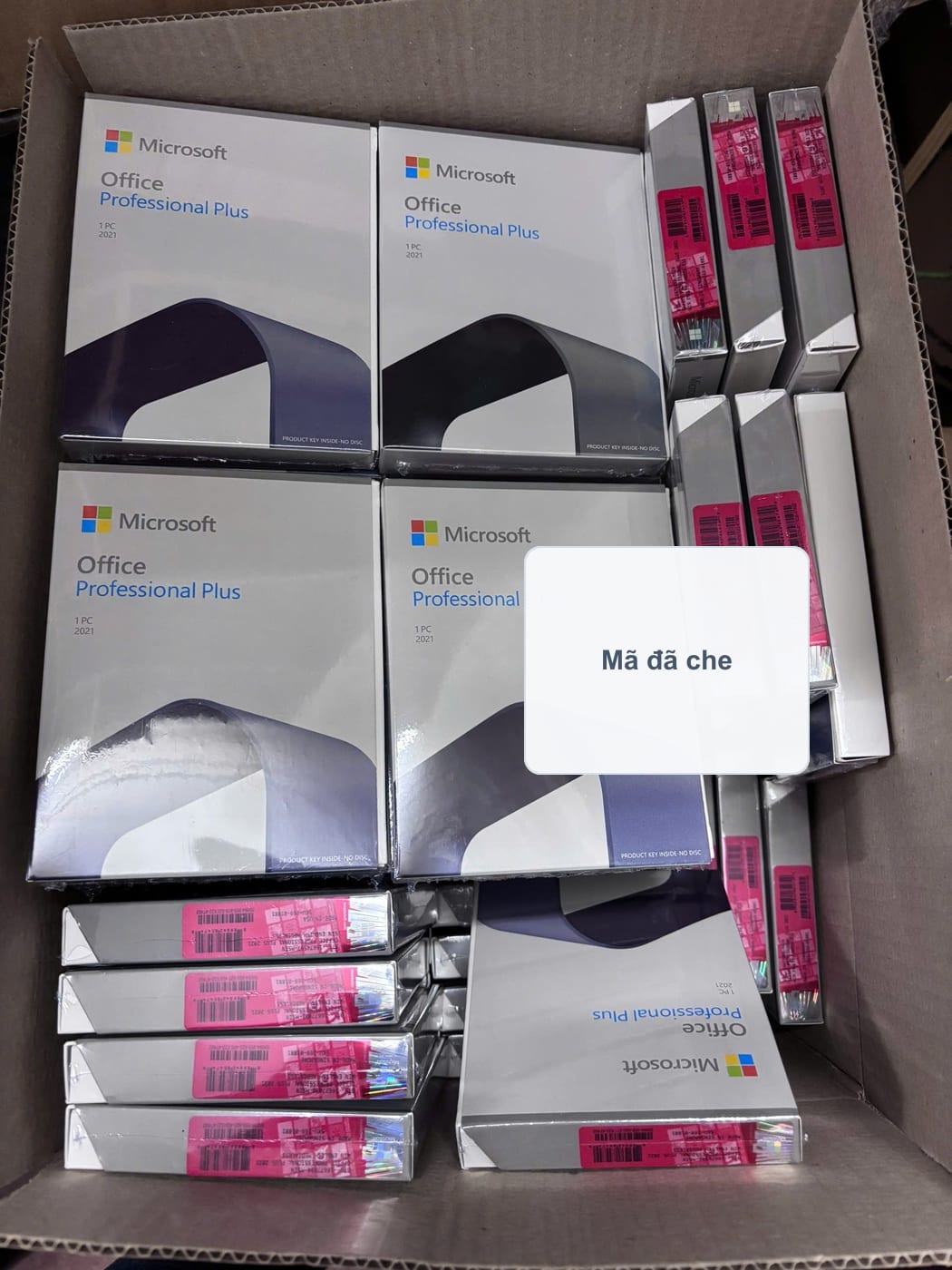 Ảnh thực tế nhiều hộp Office 2021 Pro Plus trong thùng đã che mã
