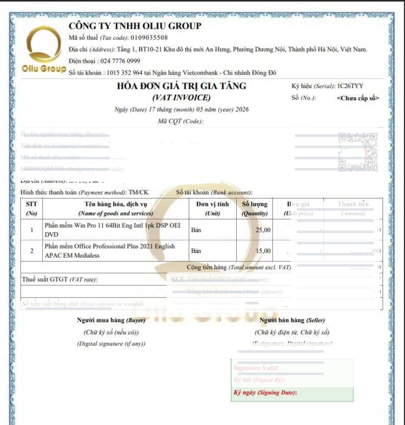 Mẫu hóa đơn VAT đã che thông tin nhạy cảm